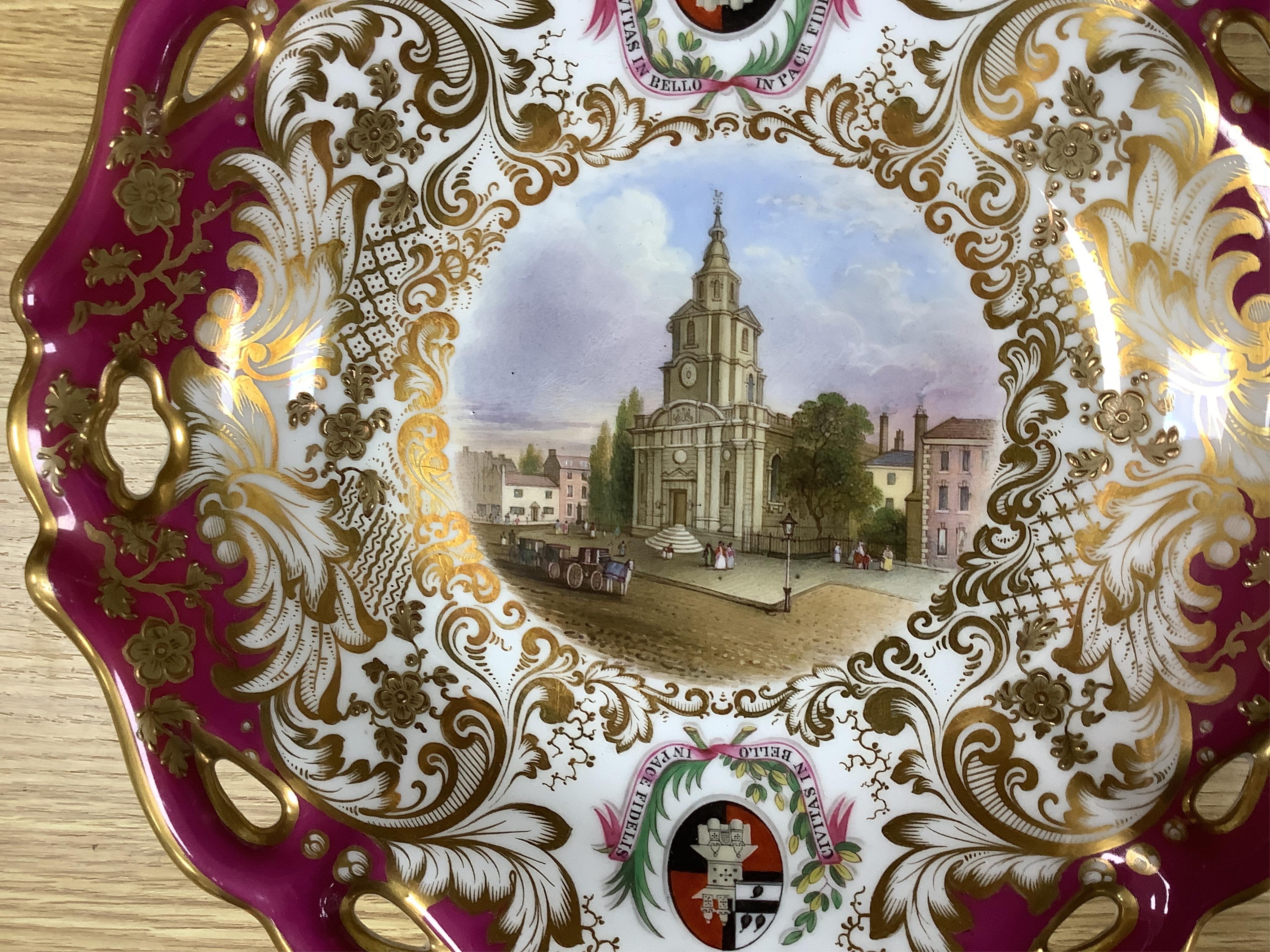 Four G Grainger, Worcester armorial porcelain comports, c.1845, hand painted with named views of Worcester, 24cm in diameter